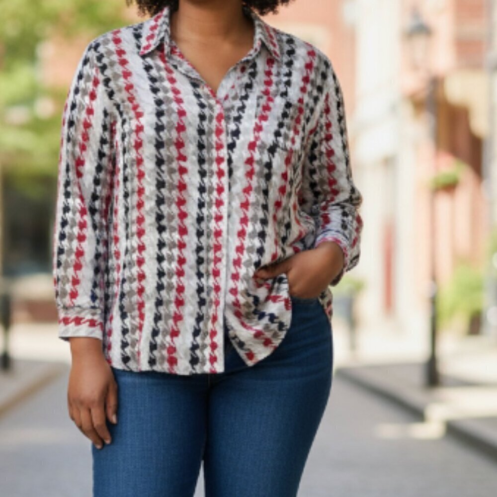 Style & Co Houndstooth Top Blouse Plus Size 3X Button Up Long Sleeve Office